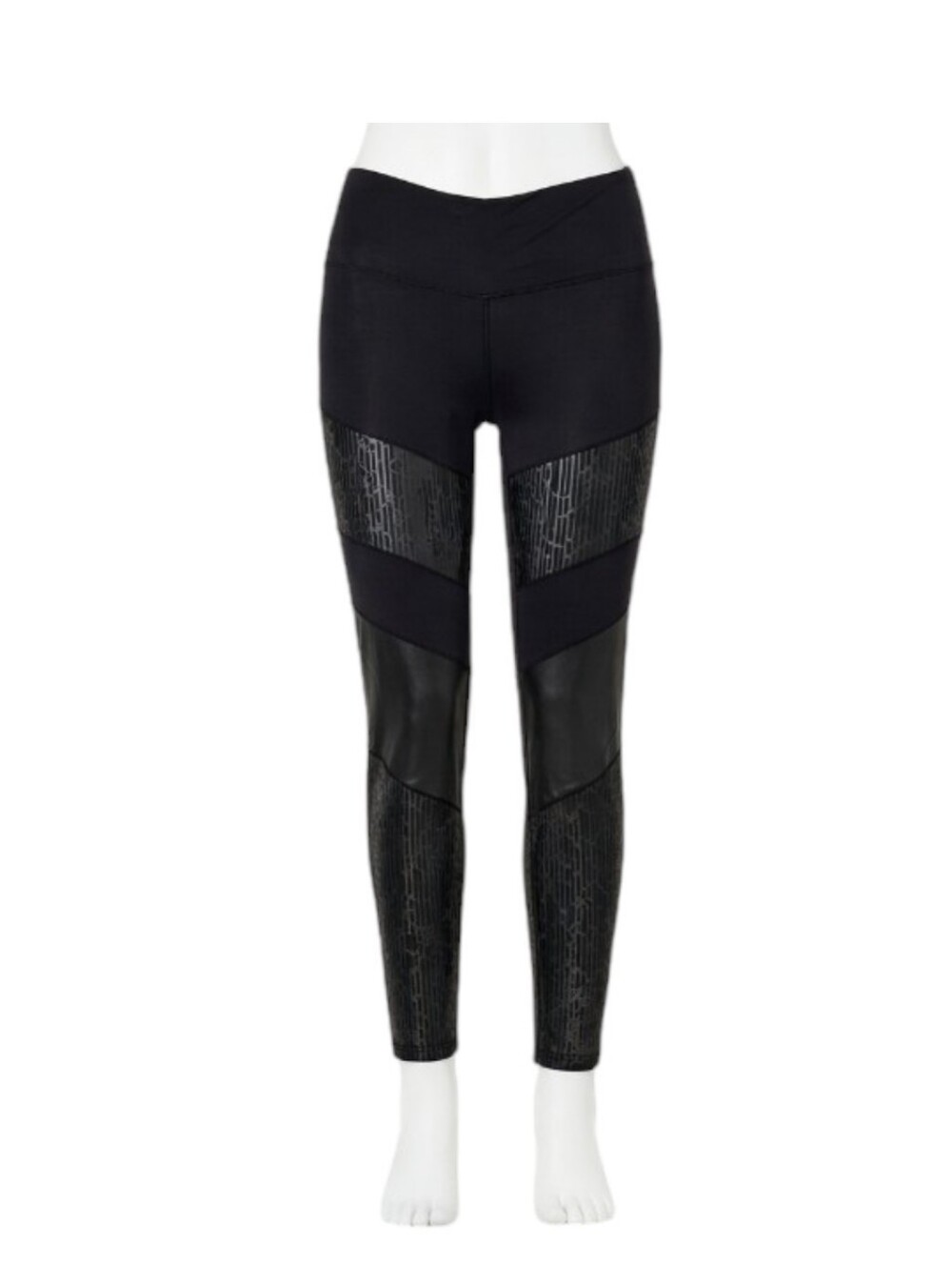 Mix Media Black High Waist Glossy Faux Leather Trim Texture Panels Leggings L